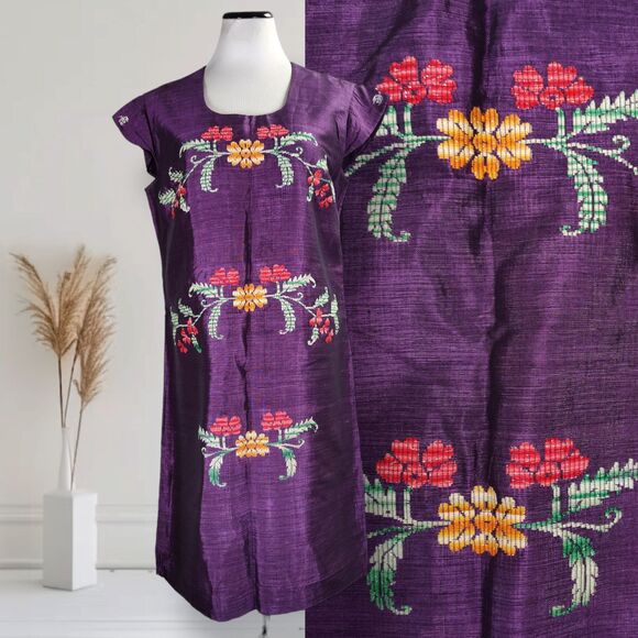Vintage 60s Embroidered Sharkskin Shift Dress Size L Cap Sleeve Purple Mexican - Picture 1 of 16